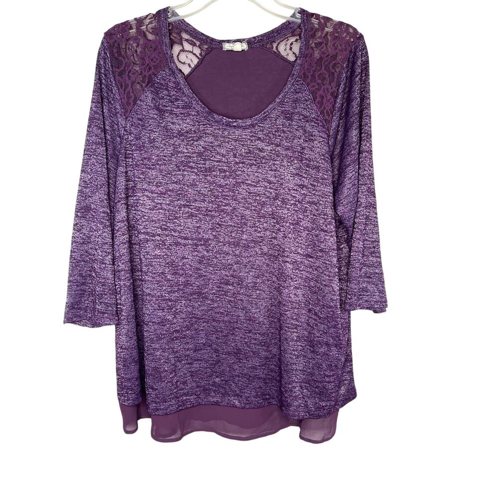 Eyeshadow 3/4 sleeve lace shoulder layered chiffon hem top, size 1X, EUC